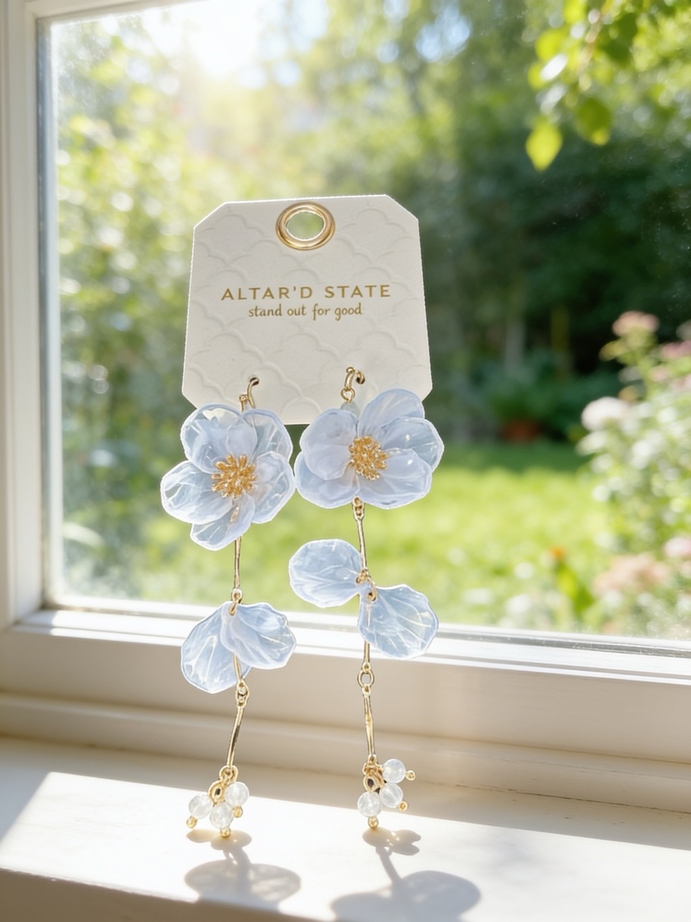 Altar'd State Light Blue Floral Dangle Earrings with Gold Accents